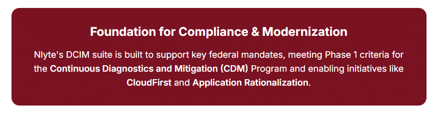 Nlyte's DCIM suite is built to support key federal mandates, meeting Phase 1 criteria for the Continuous Diagnostics and Mitigation (CDM) Program and enabling initiatives like CloudFirst and Application Rationalization.