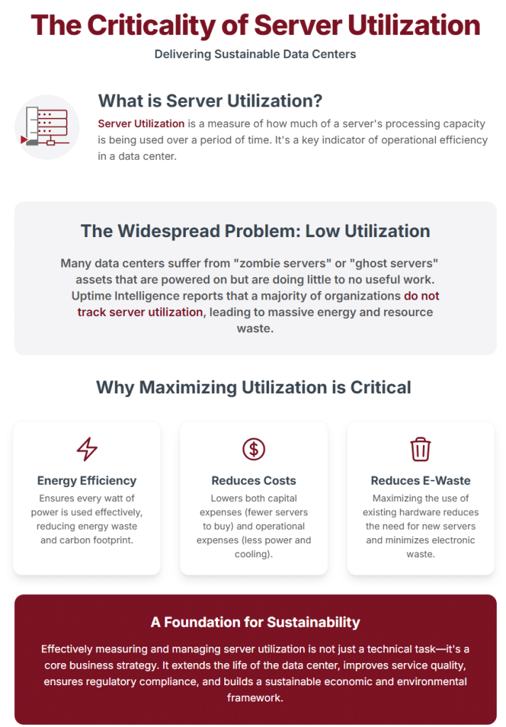Server utilization in data centers plays a pivotal role in achieving sustainability. As digital infrastructure expands, underutilized servers contribute to unnecessary energy consumption, increased costs, and environmental impact. By accurately measuring and optimizing server usage, data centers can enhance energy efficiency, reduce e-waste, and align with both economic and environmental goals