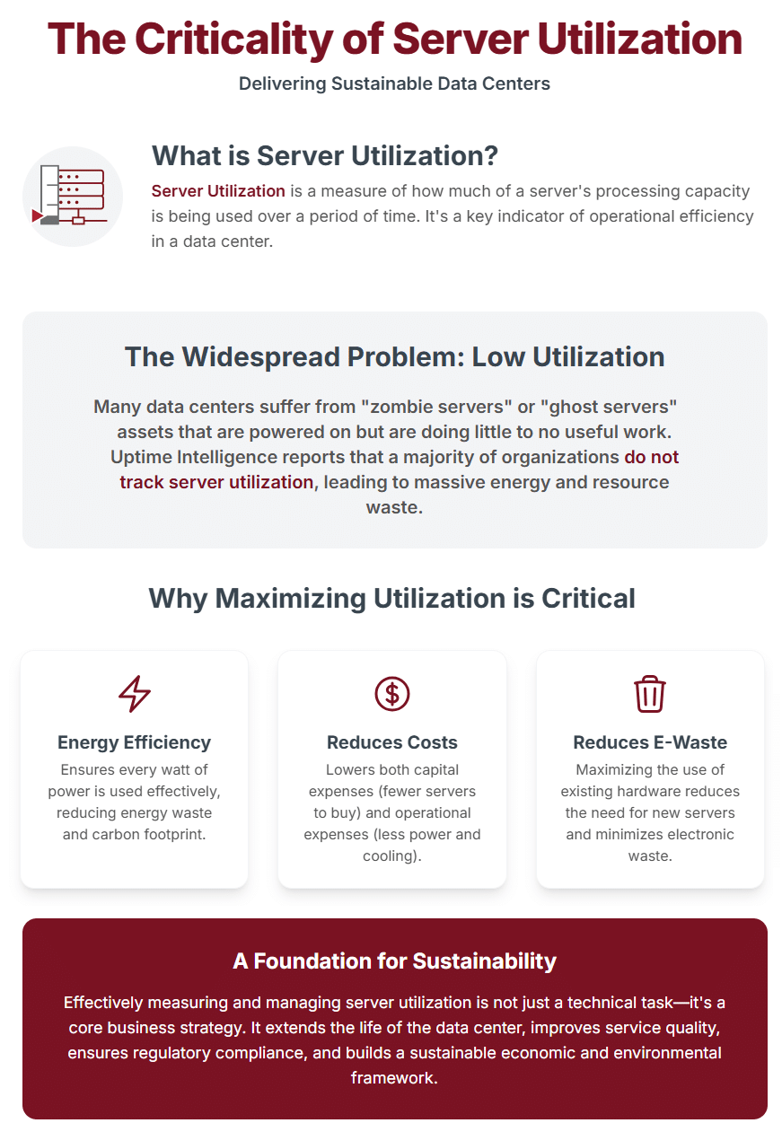 Server utilization in data centers plays a pivotal role in achieving sustainability. As digital infrastructure expands, underutilized servers contribute to unnecessary energy consumption, increased costs, and environmental impact. By accurately measuring and optimizing server usage, data centers can enhance energy efficiency, reduce e-waste, and align with both economic and environmental goals