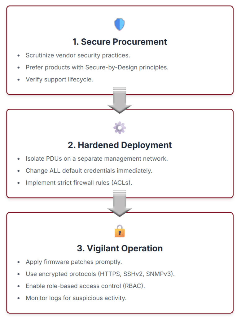 Building Your Defenses: A PDU Security Lifecycle Securing your power infrastructure requires a proactive, multi-layered approach throughout the PDU's lifecycle. Follow these critical steps to mitigate risk.