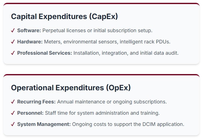 Capital Expenditures (CapEx) ✓ Software: Perpetual licenses or initial subscription setup. ✓ Hardware: Meters, environmental sensors, intelligent rack PDUs. ✓ Professional Services: Installation, integration, and initial data audit. Operational Expenditures (OpEx) ✓ Recurring Fees: Annual maintenance or ongoing subscriptions. ✓ Personnel: Staff time for system administration and training. ✓ System Management: Ongoing costs to support the DCIM application.