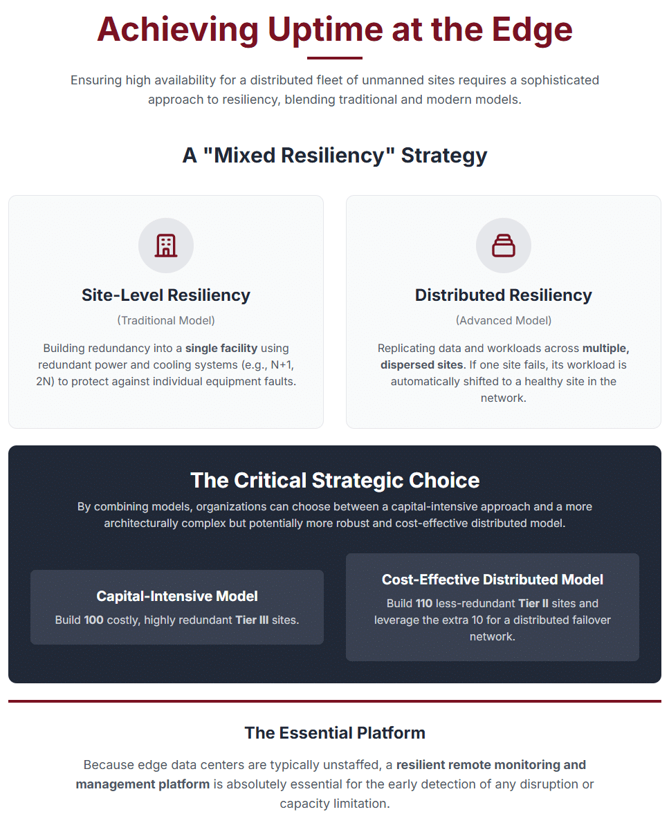 Ensuring high availability for a distributed fleet of unmanned sites requires a sophisticated approach to resiliency. The Uptime Institute's Tier Classification System (Tier I-IV) provides the industry-standard framework for assessing the fault tolerance and availability of a data center's infrastructure. While building a single, highly redundant Tier IV edge site is possible, it can be cost-prohibitive at scale.