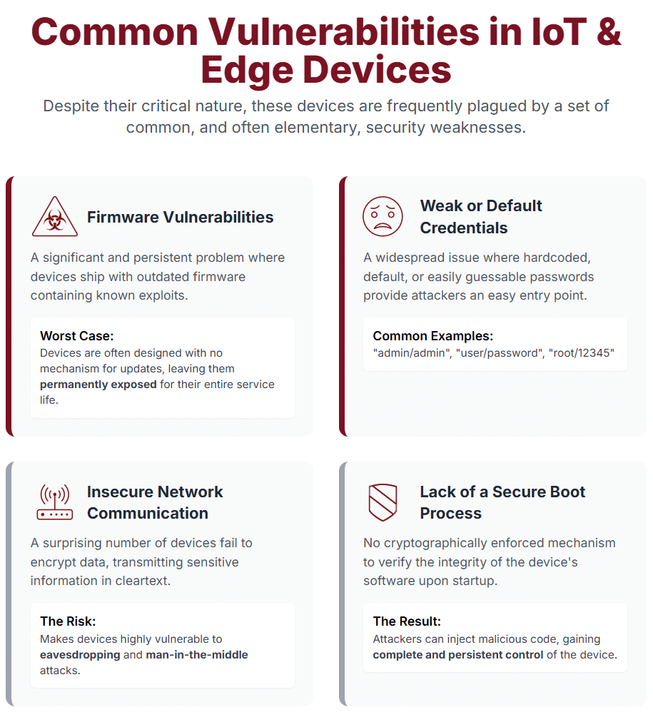 Common Vulnerabilities in IoT and Edge Devices
●	Firmware Vulnerabilities: This is one of the most significant and persistent problems. Many IoT and edge devices are shipped with outdated firmware containing known vulnerabilities. Worse, they are often designed with no mechanism for updates, leaving them permanently exposed for their entire service life.
●	Weak or Default Credentials: The use of hardcoded, default, or easily guessable passwords for device administration is a widespread issue that provides attackers with an easy entry point.
●	Insecure Network Communication: A surprising number of devices fail to encrypt data in transit, transmitting sensitive information in cleartext. This makes them highly vulnerable to eavesdropping and man-in-the-middle attacks.
●	Lack of a Secure Boot Process: Without a cryptographically enforced secure boot mechanism, there is nothing to prevent an attacker from modifying the device's firmware, injecting malicious code, and gaining complete and persistent control of the device.
