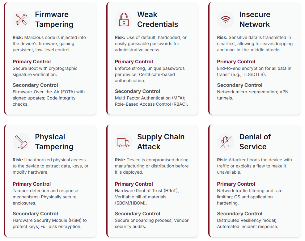 Edge Device Security Threat Matrix Navigating the Risks at the Edge of Your Network As edge computing expands, the security of devices in remote, uncontrolled environments is a critical concern. Unlike traditional data centers, edge devices face a broader range of physical and digital threats. This matrix outlines common threat vectors, their associated risks, and effective mitigation strategies to help build a resilient edge security posture.