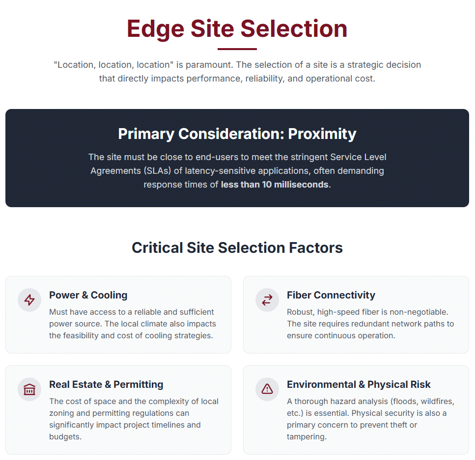The adage "location, location, location" is paramount for edge data centers. The selection of a site is a strategic decision that directly impacts performance, reliability, and operational cost. The primary consideration is proximity to end-users to meet the stringent Service Level Agreements (SLAs) of latency-sensitive applications, which often demand response times of less than 10 milliseconds.