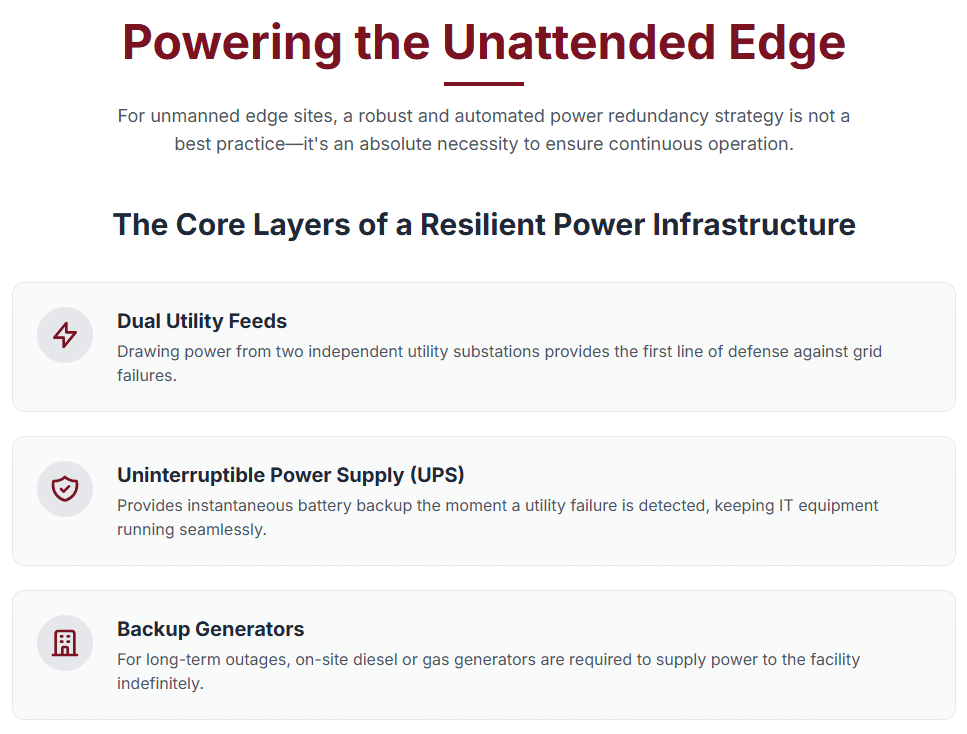 For any mission-critical facility, a constant and reliable source of power is the most fundamental requirement. For unmanned edge data centers, where there is no on-site staff to respond to a utility outage, a robust and automated power redundancy strategy is not just a best practice—it is an absolute necessity. The design must ensure continuous operation through any foreseeable power disruption.