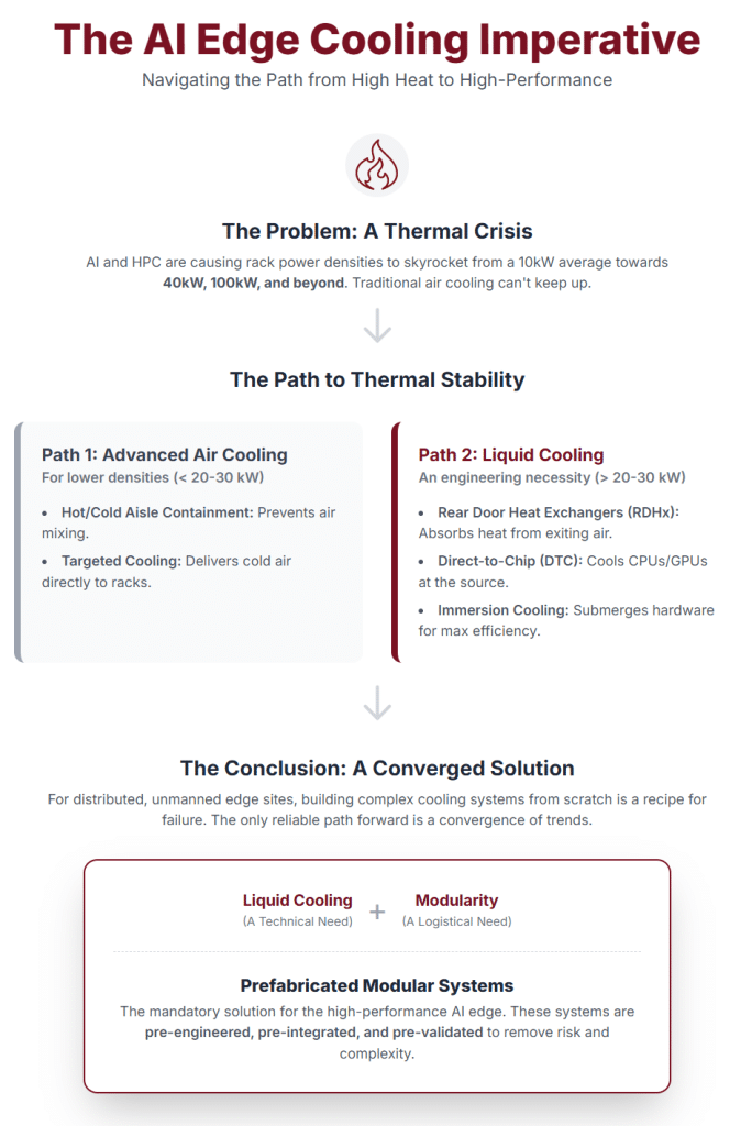 Perhaps the most pressing infrastructure challenge at the edge is thermal management. The rise of AI and other high-performance computing (HPC) applications is driving a dramatic increase in server and rack power densities. The industry average for a data center rack is rapidly moving from 10 kW towards 20 kW, with high-density AI deployments pushing well beyond 40 kW and even approaching 100 kW per rack. This level of heat generation is pushing traditional air-cooling methods to their absolute limits.