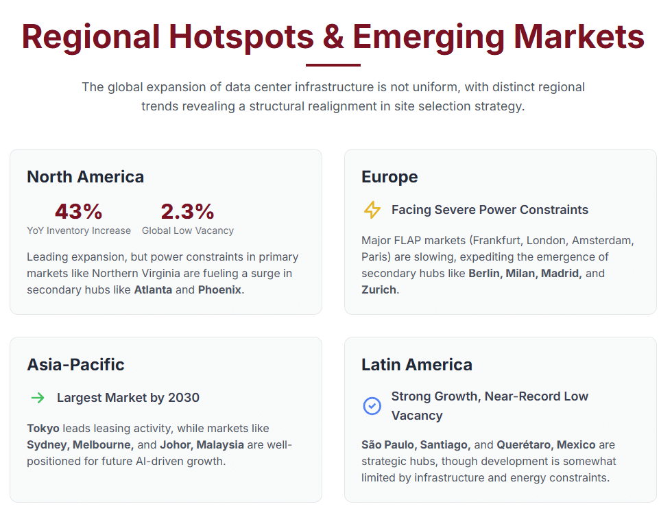 The global expansion of data center infrastructure is not uniform. Analysis from real estate and investment firm CBRE reveals distinct regional trends, with specific markets emerging as hotspots for development.