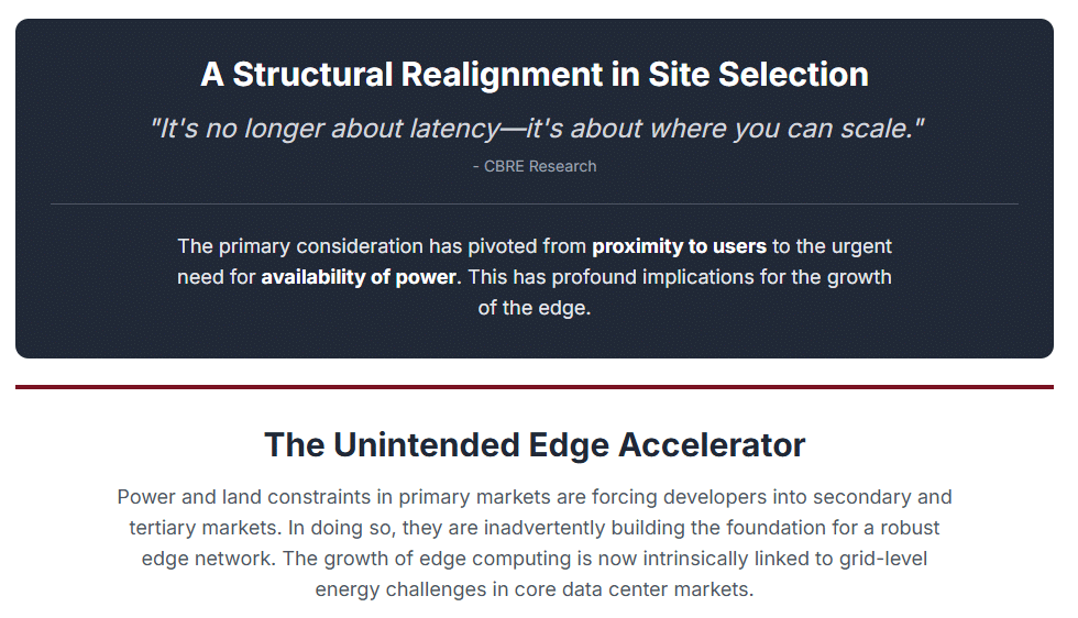 A critical pattern emerges from this regional analysis. The narrative of data center site selection is undergoing a structural realignment. Historically, the primary consideration was proximity to users to minimize latency. Today, a new, more urgent factor is shaping deployment strategies: the availability of power. A key insight from CBRE's research states, "It's no longer about latency—it's about where you can scale". This pivot has profound implications for the growth of the edge.
