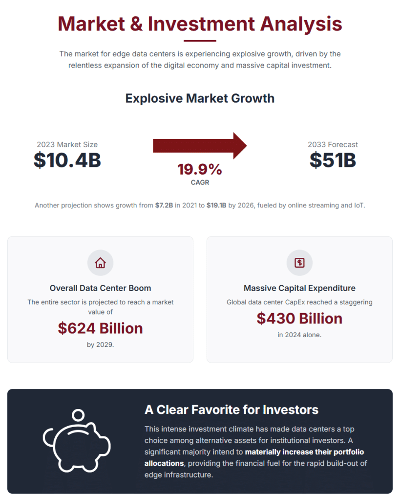 The market for edge data centers is experiencing a period of explosive growth, driven by the relentless expansion of the digital economy. Market projections consistently point to a rapid and sustained increase in both investment and deployment. The edge data center market is forecast to expand from $10.4 billion in 2023 to $51 billion by 2033, reflecting a compound annual growth rate (CAGR) of 19.9%. Other projections show growth from $7.2 billion in 2021 to $19.1 billion by 2026, fueled by the rising adoption of online streaming and IoT.