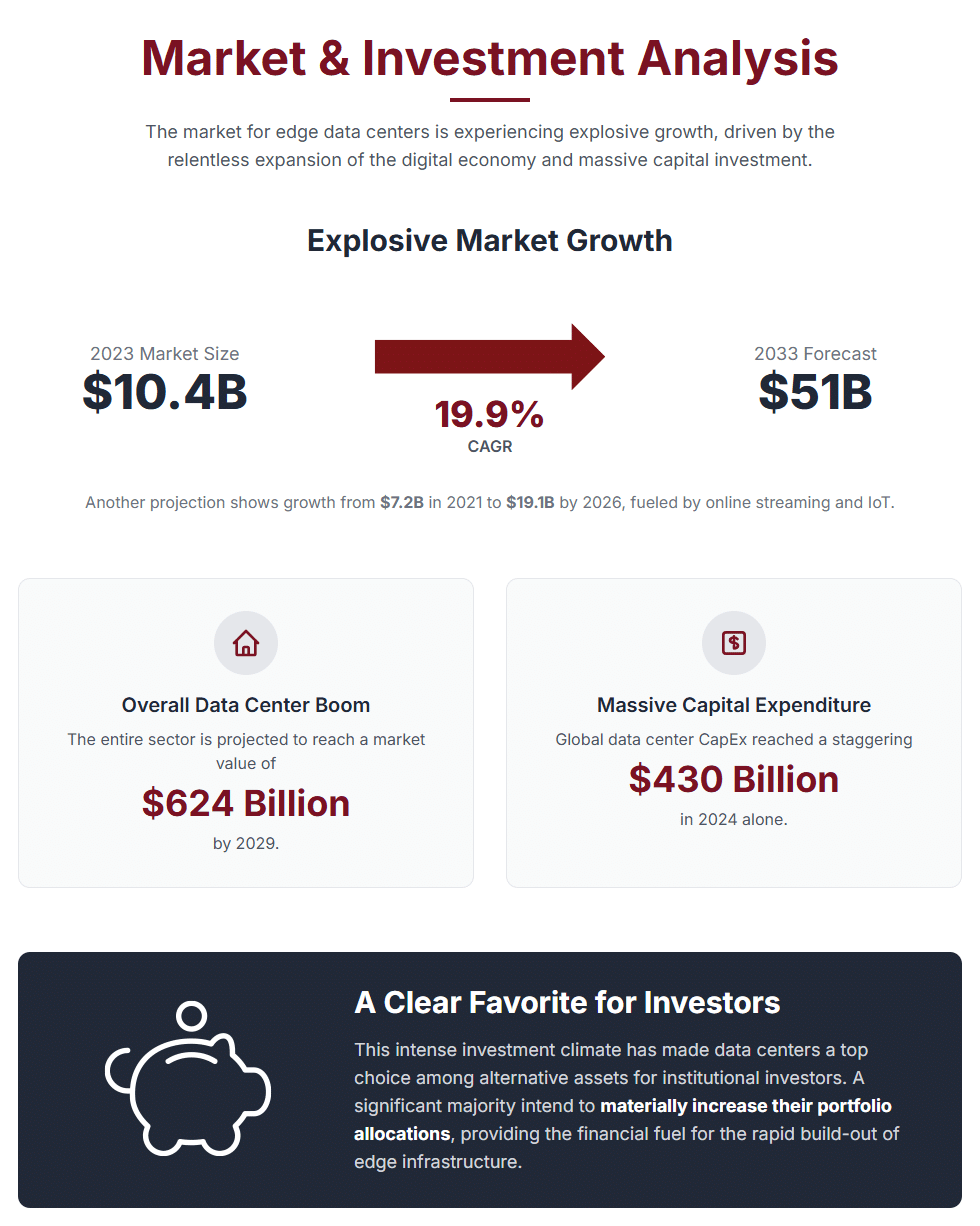 The market for edge data centers is experiencing a period of explosive growth, driven by the relentless expansion of the digital economy. Market projections consistently point to a rapid and sustained increase in both investment and deployment. The edge data center market is forecast to expand from $10.4 billion in 2023 to $51 billion by 2033, reflecting a compound annual growth rate (CAGR) of 19.9%. Other projections show growth from $7.2 billion in 2021 to $19.1 billion by 2026, fueled by the rising adoption of online streaming and IoT.