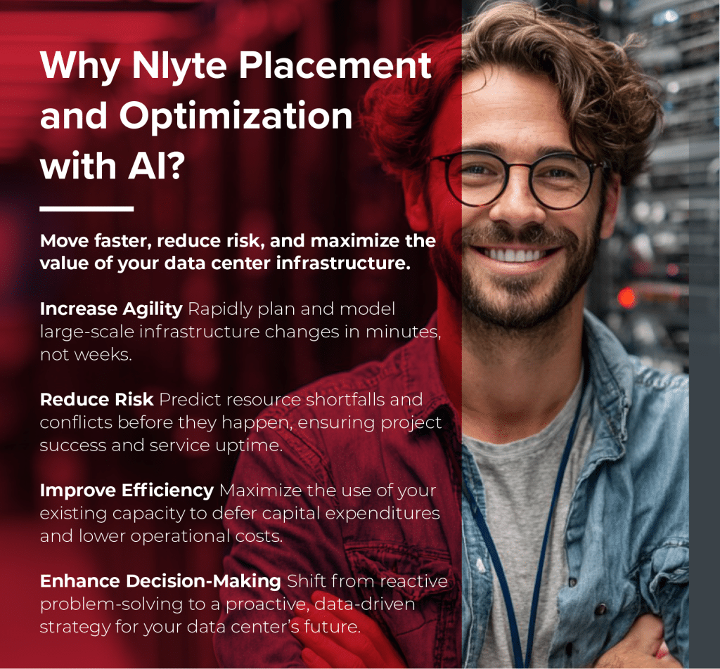 Why Nlyte Placement and Optimization AI? Move faster, reduce risk, and maximize the value of your data center infrastructure. Increase Agility Rapidly plan and model large-scale infrastructure changes in minutes, not weeks. Reduce Risk Predict resource shortfalls and conflicts before they happen, ensuring project success and service uptime. Improve Efficiency Maximize the use of your existing capacity to defer capital expenditures and lower operational costs. Enhance Decision-Making Shift from reactive problem-solving to a proactive, data-driven strategy for your data center’s future.