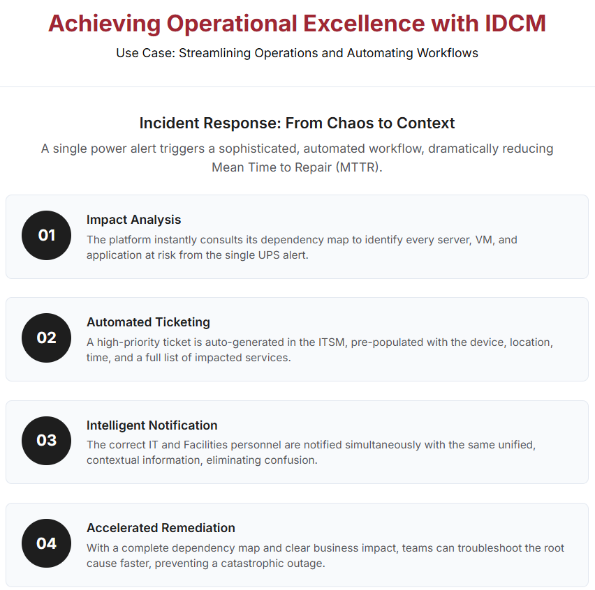 Consider a critical power event, such as an alert from a UPS indicating it has switched to battery power. In an IDCM-enabled environment, this single event, detected via SNMP or MODBUS, triggers a sophisticated, automated workflow:
1.	Impact Analysis: The IDCM platform immediately consults its dependency map to identify every physical server, network switch, and storage array connected to the affected UPS. It then traces these dependencies further to pinpoint every virtual machine and business application that is now at risk.
2.	Automated Ticketing: The system automatically generates a high-priority incident ticket in the integrated ITSM platform, pre-populated with all the relevant details: the device that triggered the alert, its location, the time of the event, and a complete list of all impacted assets and services.
3.	Intelligent Notification: The workflow simultaneously notifies the appropriate personnel from both the IT and Facilities teams, providing them with the same unified, contextual information. This eliminates the time wasted trying to figure out who to call and what the business impact is.
4.	Accelerated Remediation: With a complete dependency map and a clear understanding of the business impact, the response teams can troubleshoot the root cause far more quickly and efficiently, restoring service before the UPS batteries are depleted and preventing a catastrophic outage.
