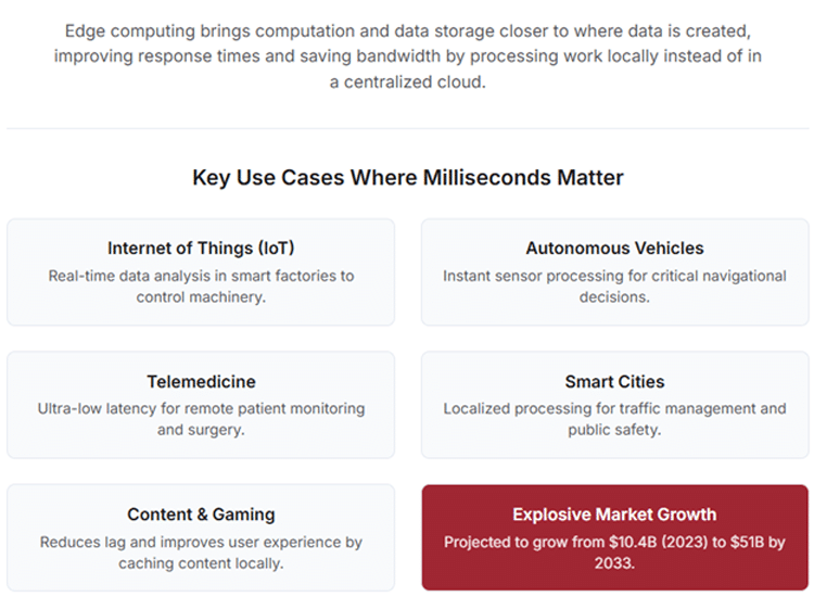 Latency, Bandwidth, and Real-Time Processing Edge computing is a distributed computing paradigm that brings computation and data storage closer to the sources of data. This is done to improve response times and save bandwidth. Instead of sending data to a centralized cloud for processing, the work is performed locally, on or near the device where the data is created. This architectural shift is being fueled by an explosion in demand from applications where milliseconds matter. The edge data center market is expanding at an extraordinary pace, with analysts projecting growth from $10.4 billion in 2023 to $51 billion by 2033. This growth is driven by a wave of transformative use cases that are impractical or impossible to support with a traditional, centralized infrastructure model: ● Internet of Things (IoT): In smart factories, industrial sensors generate vast amounts of data that must be analyzed in real-time to control machinery and predict failures. ● Autonomous Vehicles: Self-driving cars must process sensor data instantly to make life-or-death navigational decisions, with no tolerance for network latency. ● Telemedicine and Remote Healthcare: Real-time patient monitoring and remote surgical procedures require ultra-reliable, low-latency connectivity. ● Smart Cities: Applications like intelligent traffic management and public safety monitoring rely on localized data processing to function effectively. ● Content Delivery and Gaming: Placing content caches and game servers closer to users reduces lag and dramatically improves the end-user experience. 