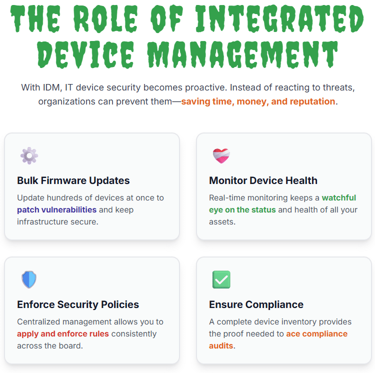 The Role of Integrated Device Management With IDM, IT device security becomes proactive. Instead of reacting to threats, organizations can prevent them—saving time, money, and reputation. ⚙️ Bulk Firmware Updates Update hundreds of devices at once to patch vulnerabilities and keep infrastructure secure. ❤️‍🩹 Monitor Device Health Real-time monitoring keeps a watchful eye on the status and health of all your assets. 🛡️ Enforce Security Policies Centralized management allows you to apply and enforce rules consistently across the board. ✅ Ensure Compliance A complete device inventory provides the proof needed to ace compliance audits.