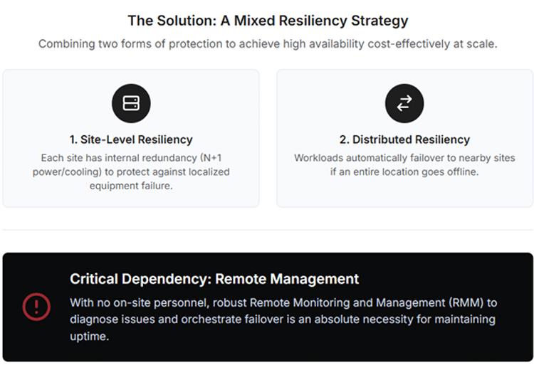 Resiliency and Uptime in Unmanned Environments
The primary operational challenge of the edge is ensuring high availability and resiliency across a large, geographically dispersed fleet of small data centers that are typically unmanned. While the Uptime Institute's Tier Classification system provides a robust framework for designing resilient facilities, building thousands of edge sites to the highest and most expensive Tier standards is often economically unfeasible.

To solve this, the industry is embracing a strategy of mixed resiliency. This approach combines two forms of protection to achieve high availability in a cost-effective manner at scale:
1.	Site-Level Resiliency: Each individual edge site is built with a degree of internal redundancy, such as N+1 power and cooling components, to protect against localized equipment failure.
2.	Distributed Resiliency: The network of edge sites is designed for software-defined failover. If an entire site goes offline due to a power outage or natural disaster, its workloads are automatically redirected to other nearby edge locations.
This model is critically dependent on robust Remote Monitoring and Management (RMM) systems. With no on-site personnel available for manual intervention, the ability to remotely monitor infrastructure health, diagnose problems, and orchestrate failover responses is not just a convenience, it is an absolute necessity for maintaining uptime.
