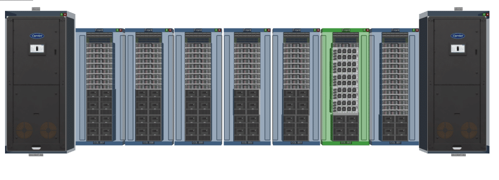 High density racks flanked by Cooling Distribution Units (CDUs)
