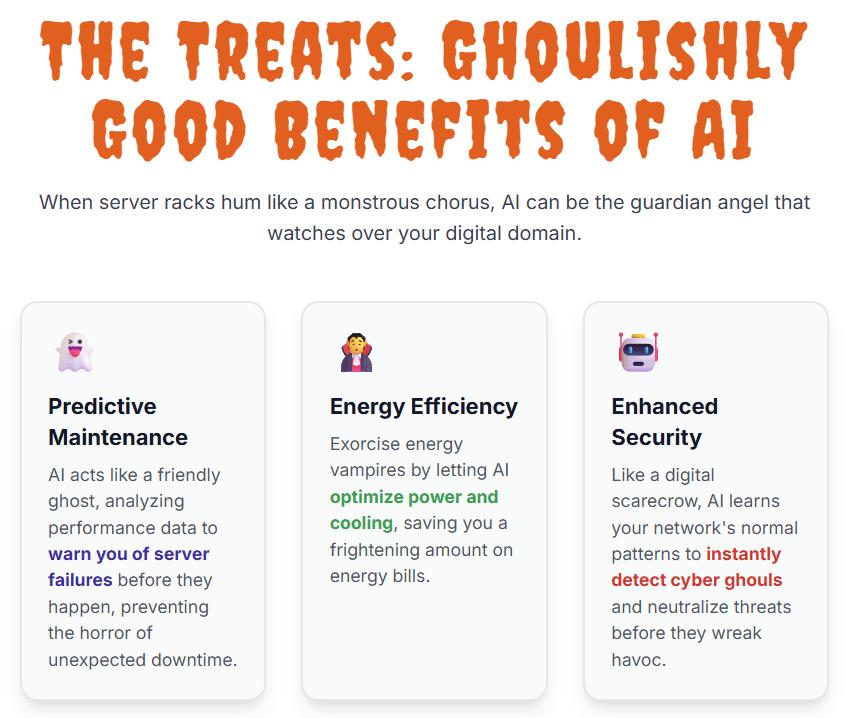 The Treats: Ghoulishly Good Benefits of AI When server racks hum like a monstrous chorus, AI can be the guardian angel that watches over your digital domain. 👻 Predictive Maintenance AI acts like a friendly ghost, analyzing performance data to warn you of server failures before they happen, preventing the horror of unexpected downtime. 🧛 Energy Efficiency Exorcise energy vampires by letting AI optimize power and cooling, saving you a frightening amount on energy bills. 🤖 Enhanced Security Like a digital scarecrow, AI learns your network's normal patterns to instantly detect cyber ghouls and neutralize threats before they wreak havoc.