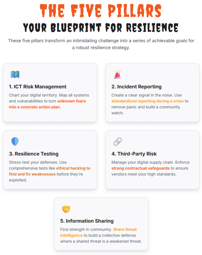 The Five Pillars Your Blueprint for Resilience These five pillars transform an intimidating challenge into a series of achievable goals for a robust resilience strategy. 🗺️ 1. ICT Risk Management Chart your digital territory. Map all systems and vulnerabilities to turn unknown fears into a concrete action plan. 🚨 2. Incident Reporting Create a clear signal in the noise. Use standardized reporting during a crisis to remove panic and build a community watch. 🛡️ 3. Resilience Testing Stress-test your defenses. Use comprehensive tests like ethical hacking to find and fix weaknesses before they're exploited. 🔗 4. Third-Party Risk Manage your digital supply chain. Enforce strong contractual safeguards to ensure vendors meet your high standards. 🤝 5. Information Sharing Find strength in community. Share threat intelligence to build a collective defense where a shared threat is a weakened threat.