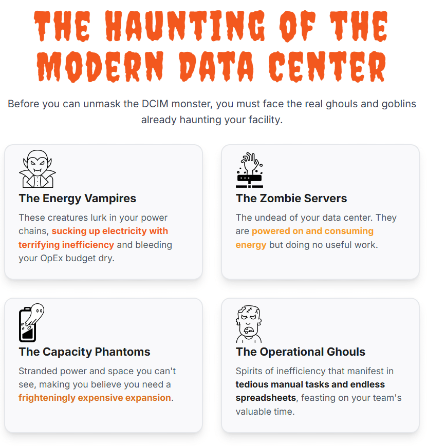 The Haunting of the Modern Data Center
Before you can unmask the DCIM monster, you must face the real ghouls and goblins already haunting your facility.

🧛
The Energy Vampires
These creatures lurk in your power chains, sucking up electricity with terrifying inefficiency and bleeding your OpEx budget dry.

🧟
The Zombie Servers
The undead of your data center. They are powered on and consuming energy but doing no useful work.

👻
The Capacity Phantoms
Stranded power and space you can't see, making you believe you need a frighteningly expensive expansion.

👹
The Operational Ghouls
Spirits of inefficiency that manifest in tedious manual tasks and endless spreadsheets, feasting on your team's valuable time.
