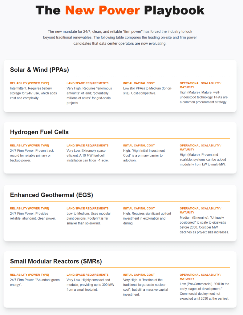 The New Power Playbook The new mandate for 24/7, clean, and reliable "firm power" has forced the industry to look beyond traditional renewables. The following table compares the leading on-site and firm power candidates that data center operators are now evaluating. Solar & Wind (PPAs) Reliability (Power Type) Intermittent. Requires battery storage for 24/7 use, which adds cost and complexity. Land/Space Requirements Very High. Requires "enormous amounts" of land; "potentially millions of acres" for grid-scale projects. Initial Capital Cost Low (for PPAs) to Medium (for on-site). Cost-competitive. Operational Scalability / Maturity High (Mature). Mature, well-understood technology. PPAs are a common procurement strategy. Hydrogen Fuel Cells Reliability (Power Type) 24/7 Firm Power. Proven track record for reliable primary or backup power. Land/Space Requirements Very Low. Extremely space-efficient. A 10 MW fuel cell installation can fit on ~1 acre. Initial Capital Cost High. "High Initial Investment Cost" is a primary barrier to adoption. Operational Scalability / Maturity High (Mature). Proven and scalable; systems can be added modularly from kW to multi-MW. Enhanced Geothermal (EGS) Reliability (Power Type) 24/7 Firm Power. Provides reliable, abundant, clean power. Land/Space Requirements Low-to-Medium. Uses modular plant designs. Footprint is far smaller than solar/wind. Initial Capital Cost High. Requires significant upfront investment in exploration and drilling. Operational Scalability / Maturity Medium (Emerging). "Uniquely positioned" to scale to gigawatts before 2030. Cost per MW declines as project size increases. Small Modular Reactors (SMRs) Reliability (Power Type) 24/7 Firm Power. "Abundant green energy". Land/Space Requirements Very Low. Highly compact and modular, providing up to 300 MW from a small footprint. Initial Capital Cost Very High. A "fraction of the traditional large-scale nuclear cost", but still a massive capital investment. Operational Scalability / Maturity Low (Pre-Commercial). "Still in the early stages of development." Commercial deployment not expected until 2030 at the earliest.