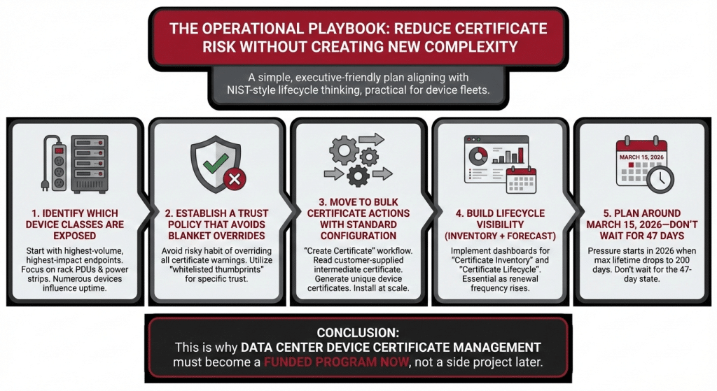  Here is a simple, executive-friendly plan that aligns with NIST-style lifecycle thinking while staying practical for device fleets. Step 1: Identify which device classes are exposed Start with the highest-volume, highest-impact endpoints—typically rack PDUs and power strips—because they are numerous and can influence uptime. Step 2: Establish a trust policy that avoids blanket overrides Your deck’s “whitelisted thumbprints” concept is important because it avoids the risky habit of overriding all certificate warnings. Step 3: Move to bulk certificate actions with standard configuration The deck’s “Create Certificate” workflow describes reading from a customer-supplied intermediate certificate, generating unique device certificates, and installing them at scale. Step 4: Build lifecycle visibility (inventory + forecast) Your roadmap section proposes dashboards such as “Certificate Inventory” and “Certificate Lifecycle,” which are exactly what operators need as renewal frequency rises. Step 5: Plan around March 15, 2026—don’t wait for 47 days The 47-day state feels far away, but the pressure starts in 2026 when max lifetime drops to 200 days. This is why data center device certificate management must become a funded program now, not a side project later. 