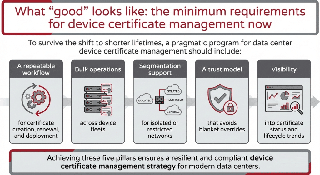What “good” looks like: the minimum requirements for device certificate management now To survive the shift to shorter lifetimes, a pragmatic program for data center device certificate management should include: 1. A repeatable workflow for certificate creation, renewal, and deployment 2. Bulk operations across device fleets 3. Segmentation support for isolated or restricted networks 4. A trust model that avoids blanket overrides 5. Visibility into certificate status and lifecycle trends 