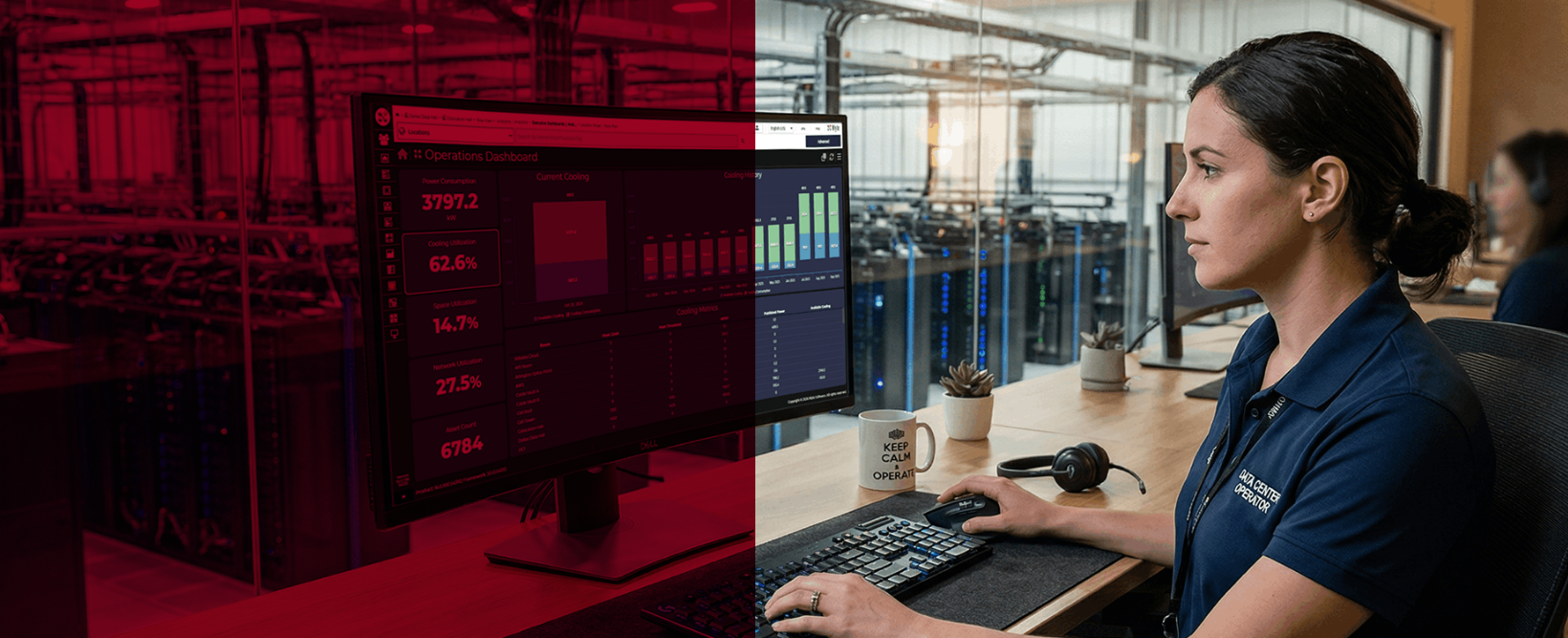 Data Center operator working at a desktop computer. On the screen is a Nlyte Operations dashboard. The operator is female and has a ponytail.